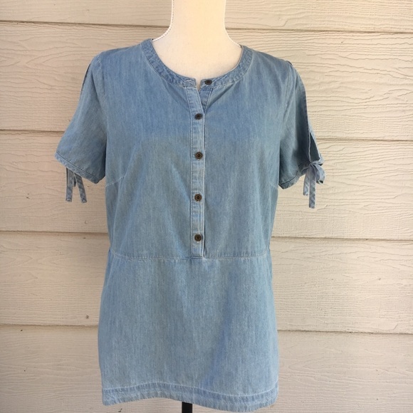 G.H. Bass & Co. Denim Sleeve Tie Pullover Top - Picture 1 of 8